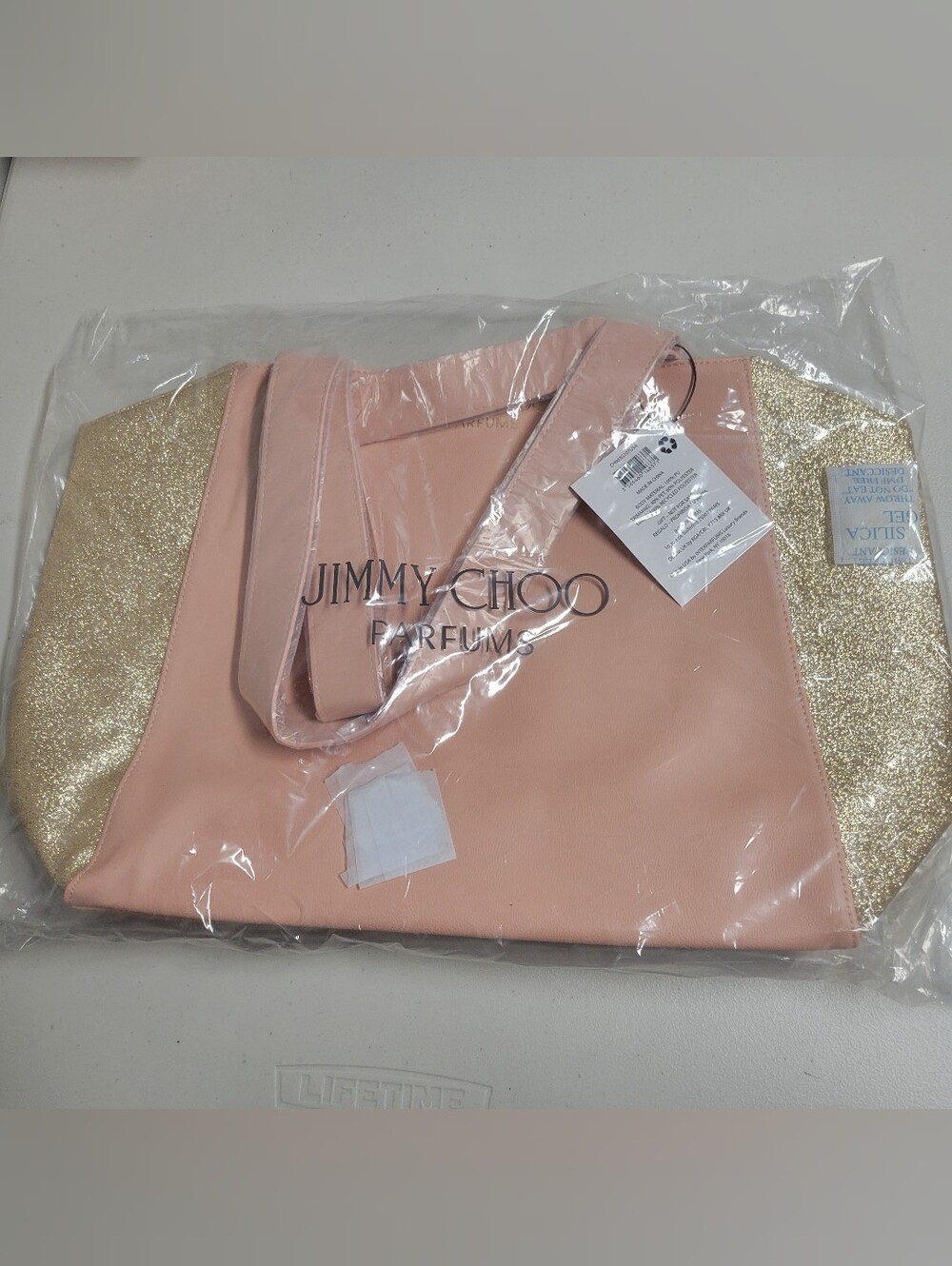 Jimmy Choo Perfumes NWT Blush Beige Tote with Gold Glitter Panels.